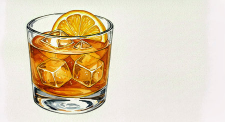 Glass of whiskey with ice cubes and lemon on a white background.の写真素材