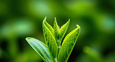 Vibrant Green Leaf Sprout Emerging in Lush Natural Settingの写真素材