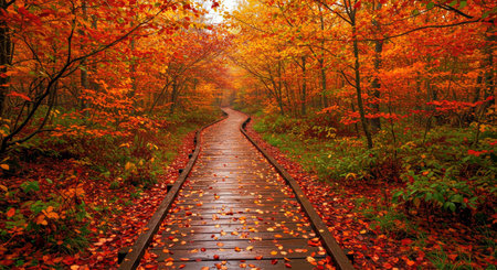 Damp Wooden Boardwalk Winding Through Colorful Autumn Forest Landscapeの写真素材
