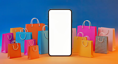 Smartphone with shopping bags on blue background. 3d rendering.