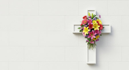 Cross made of flowers on white brick wall. 3D rendering.