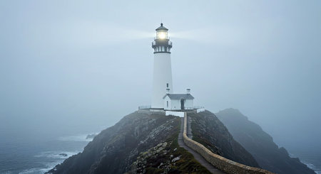 Atmospheric View of a White Lighthouse Perched on a Misty Coastal Cliff Landscape