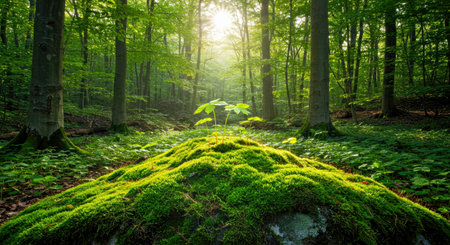 Detail of Young Saplings Sprouting on Mossy Rock with Warm Sunlight in a Forest Landscape