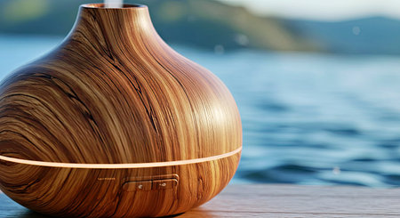 Wooden vase on the background of the lake. Close-up