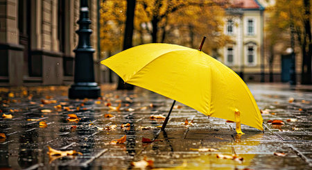 Vibrant Yellow and Black Umbrella on Puddled City Street during a Rainy Autumn Dayの写真素材