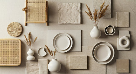 Neutral Aesthetic Material Board with Rattan Ceramic and Natural Elements Blendの写真素材