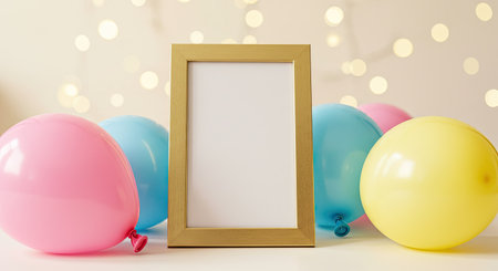 Festive Happy Birthday Card Design with Balloons and Photo Frameの写真素材