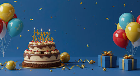 Blue Golden Happy Birthday Banner with Cake Balloons Giftの写真素材
