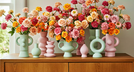 Stylish Floral Arrangement with Pastel Accents on Wooden Cabinetの写真素材