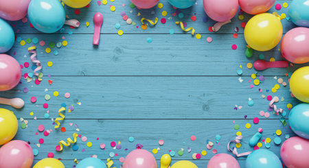 Festive Colorful Balloons and Confetti on Blue Woodの写真素材