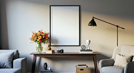 Comfortable Stylish Living Room with Mockup Art Frame and Contemporary Home Decor Arrangementの写真素材
