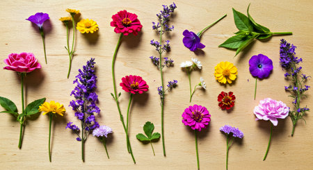 Vibrant Garden Flowers Arranged Over a Rustic Wooden Surface Backdropの写真素材