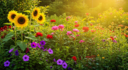 Outdoor Gardening Theme with Beautiful Garden Flowers and Plants in Sunlightの写真素材
