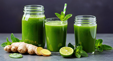 Refreshing Green Detox Drink with Ginger and Mint Served in Glasses and Jarsの写真素材