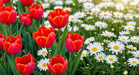 Vibrant Floral Background Featuring Beautiful Red and White Tulips and Daisiesの写真素材