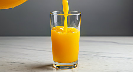 Glass Receiving Pouring Fresh Orange Juice Action Shot