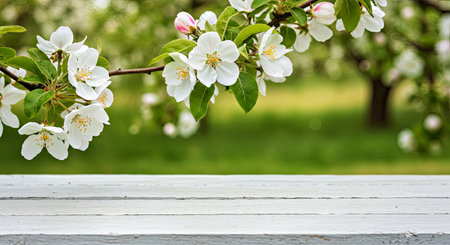 White Blossoms on Wooden Table Spring Garden Sceneの写真素材
