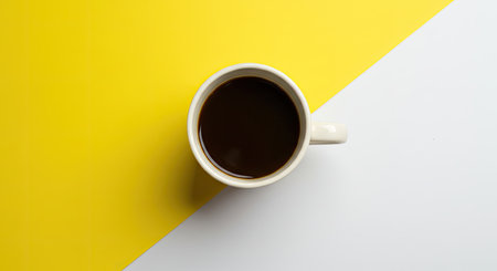 Top View Single Coffee Cup Bright Yellow White Background Minimal Creative Layoutの写真素材