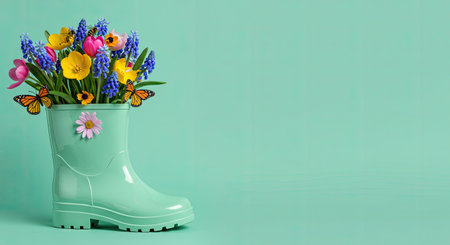 Mint Green Boot Colorful Spring Flowers Butterflies Bees Copy Spaceの写真素材