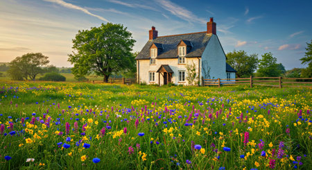 Colorful Wildflowers Cottage Scenic Rural Landscape Settingの写真素材