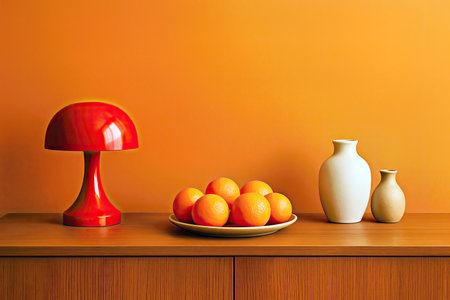 Orange and vase on a wooden table. Orange wall background.