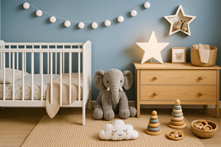 Charming Scandinavian Nursery Cozy Decor Gray Elephant Star Lamp Baby Room Design Soft Atmosphereの写真素材