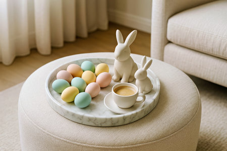 Home Decor Round Ottoman Marble Tray Pastel Eggs Ceramic Bunnies Coffeeの写真素材