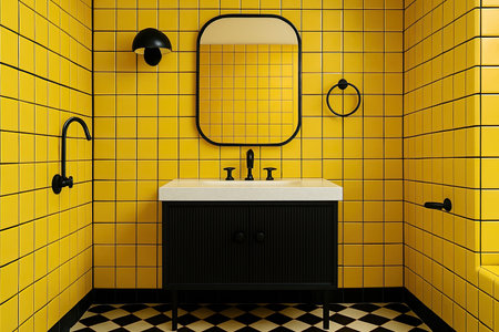 Playful Retro Inspired Yellow Tiled Bathroom Graphic Black Modern Vanityの写真素材