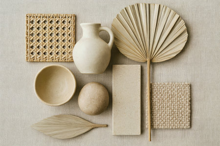Natural Material Board Design Rattan Ceramic Organic Elements Neutral Aesthetic