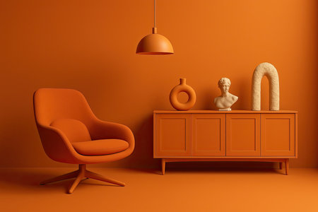 Stylish Orange Living Room Interior Modern Armchair Sculptural Accents and Contemporary Lightの写真素材