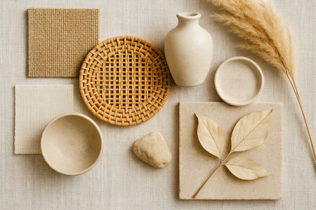Timeless Natural Toned Material Board Rattan Ceramic Organic Designの写真素材