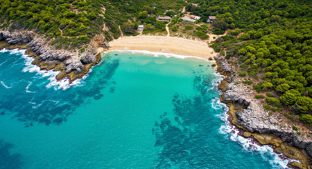 Hidden Coastal Paradise Drone Shot Crystal Clear Turquoise Sea White Sandy Shore Isolated Tropical Inlet Beautiful Exotic Destinationの写真素材
