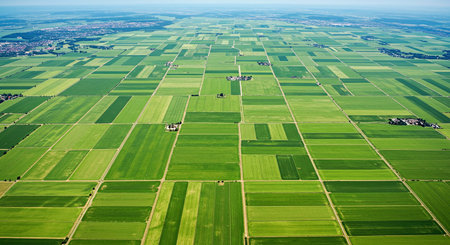 Geometric Green Agricultural Fields Aerial Drone View Patchwork Landscape Farm Patterns Rural Scenery Nature's Symmetry Top Down Shotの写真素材