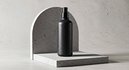 Chic Speckled Black Bottle on Cement Pedestal Urban Style Cosmetic Packaging Mockup for Natural Skincare Product Luxury Presentationの写真素材