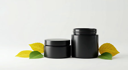 Sleek Black Cosmetic Jars Mockup White Background Yellow Green Leaves Natural Skincare Product Display Minimalist Elegant Packaging Designの写真素材