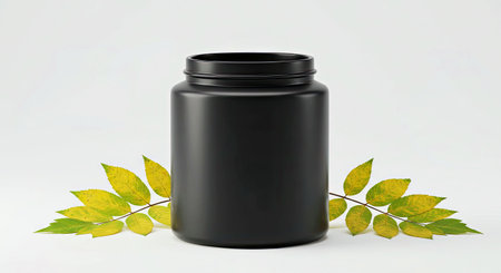 Modern Dark Jars with Bright Foliage on Pristine White Tabletop Elegant Beauty Product Mockup for Premium Cosmetic Brand Presentationの写真素材