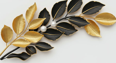 Artistic Display of Ornate Gold and Matte Black Leaf Elements with a Delicate Pearl on Pristine White Backdrop Luxury Still Lifeの写真素材