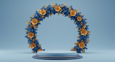 Luxurious Blue and Gold Three Dimensional Rendered Product Display Podium with Elegant Floral Arch Background Showcaseの写真素材