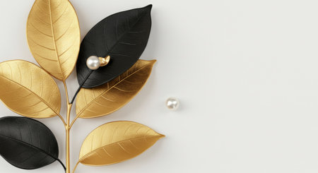 Sophisticated Arrangement of Gilded Gold and Deep Black Foliage Accented by a Creamy Pearl Atop a Bright White Surfaceの写真素材