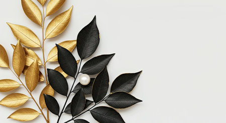 Luxurious Composition of Elegant Gold and Black Stylized Leaves with a Single Lustrous Pearl on Clean White Backgroundの写真素材