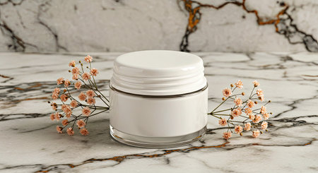 Sophisticated White Cosmetic Cream Jar with Gold Details and Delicate Blooms on Elegant Marble Surfaceの写真素材