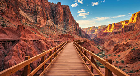 Scenic Wooden Boardwalk Offering Panoramic Views of a Stunning Canyon Vista for Travel and Adventure Photographyの写真素材