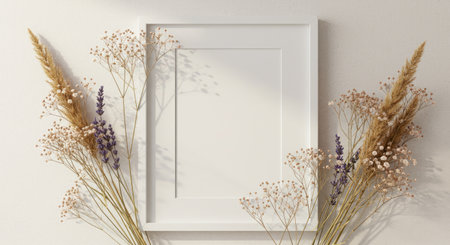 Stylish White Vertical Frame Mockup Complemented by Dried Wildflowers for Natural Home Decor...