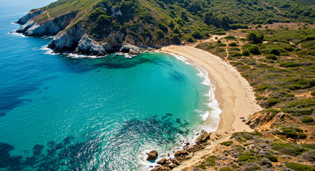 Secluded Beach Cove Aerial Drone View Turquoise Ocean Water White Sand Paradise Tropical Getaway Hidden Gem Coastal Scenery Top Downの写真素材