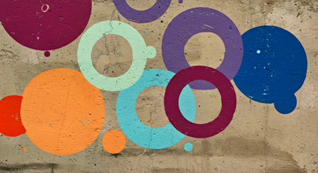 Contemporary Street Mural Abstract Design with Bright Round Shapes on Textured Cement Surface Urban Artistic Expression Backgroundの写真素材