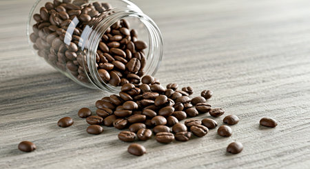 Rich Espresso Coffee Beans Cascading from Transparent Glass Storage Container Over Distressed Wood Tabletop Displayの写真素材