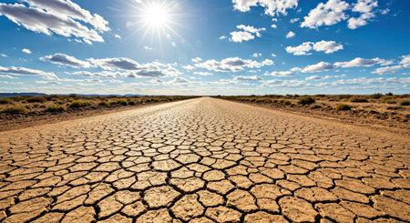 Arid Cracked Earth Road Stretching Towards Horizon Under a Bright Sunny Sky Symbolizing Drought and Climate Change Conceptの写真素材
