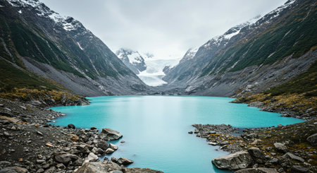 Quiet Alpine Valley Landscape with Meandering Creek and Calm Tarn Beneath Cloudy Skies Natural Serenityの写真素材