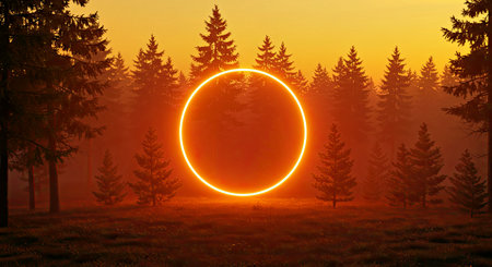 Abstract Orange Light Ring Hovering in a Dense Foggy Woodland at Duskの写真素材