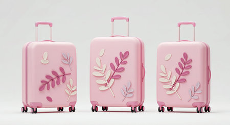 Elegant Pastel Pink Suitcases Adorned with Delicate Floral Leaves Three Dimensional Renderの写真素材